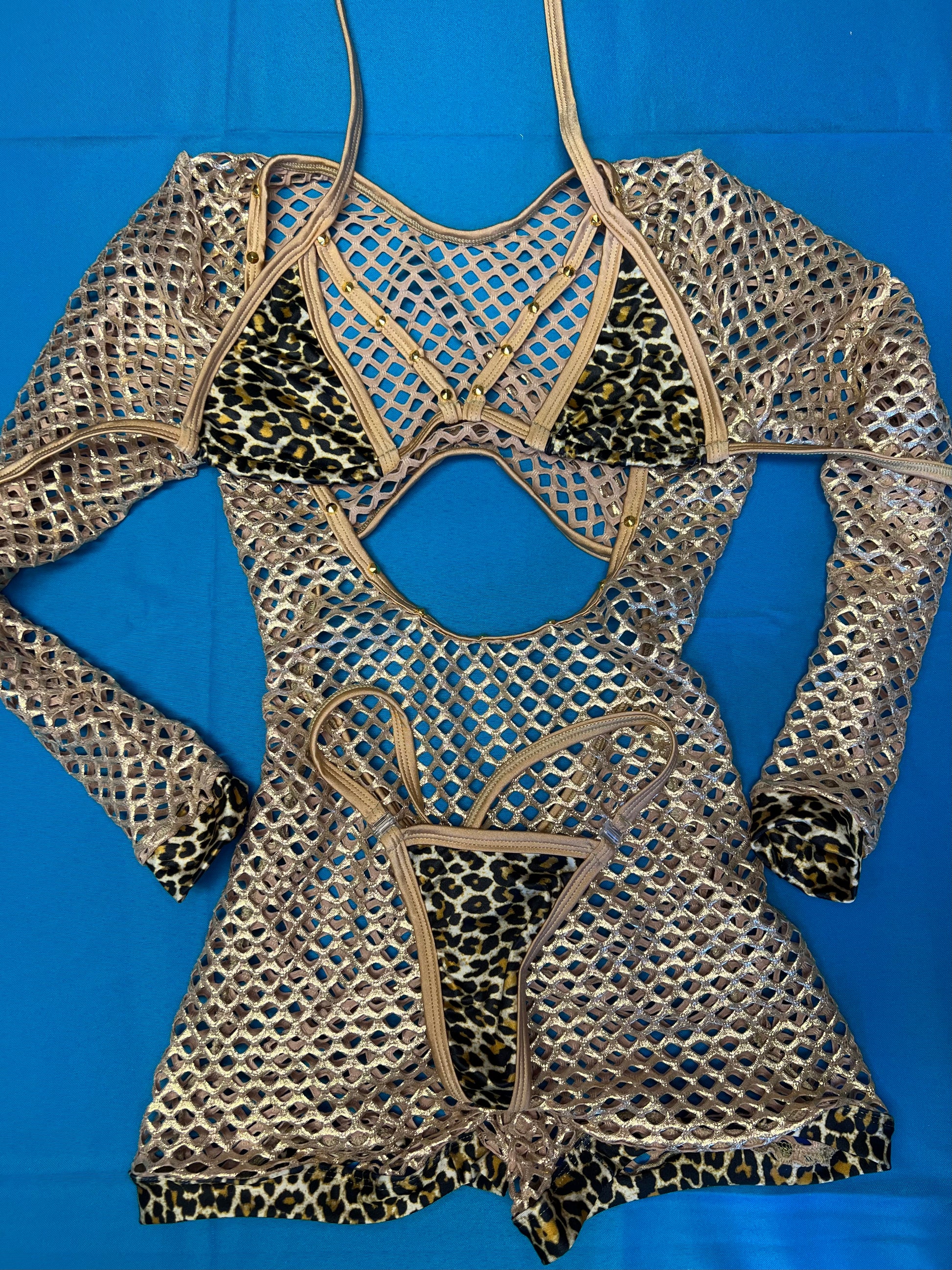 Leopard Fishnet Texture Metallic Gold Fishnet Romper Leopard Print Bikini Top & Thong Set ...