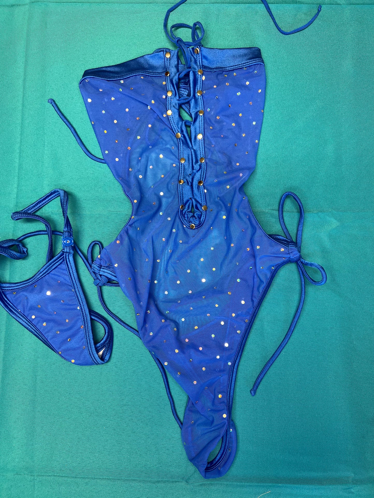 Sparkling Royal Blue Mesh-Silver Stretch Fabric One-Piece Outfit