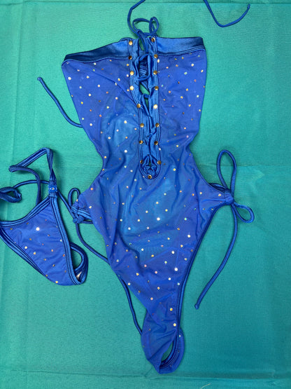 Sparkling Royal Blue Mesh-Silver Stretch Fabric One-Piece Outfit
