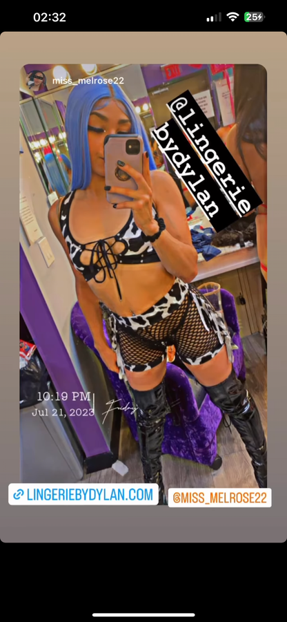 Cow Print Two-Piece Lingerie Set for Exotic Dance Fringe Shorts