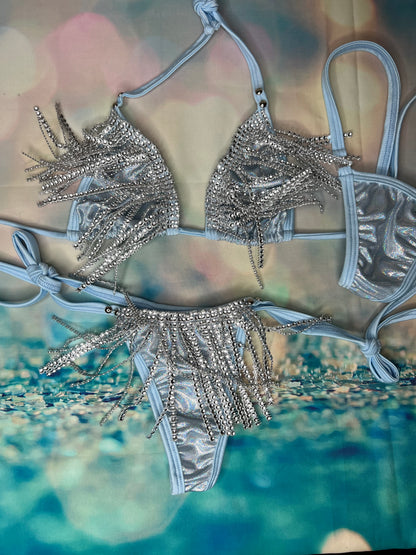 Exotic Dance Wear Chrome Tassel Bikini - Two-Piece Stage Outfit