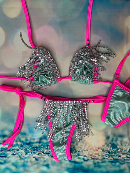 Exotic Dance Wear Chrome Tassel Bikini - Two-Piece Stage Outfit