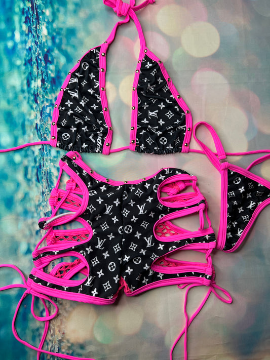 Exotic Dance Wear Two-Piece Outfit Sensual Black/Hot Pink 