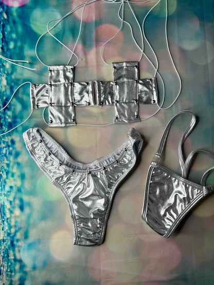 Exotic Dance Wear Chrome Two-Piece Outfit