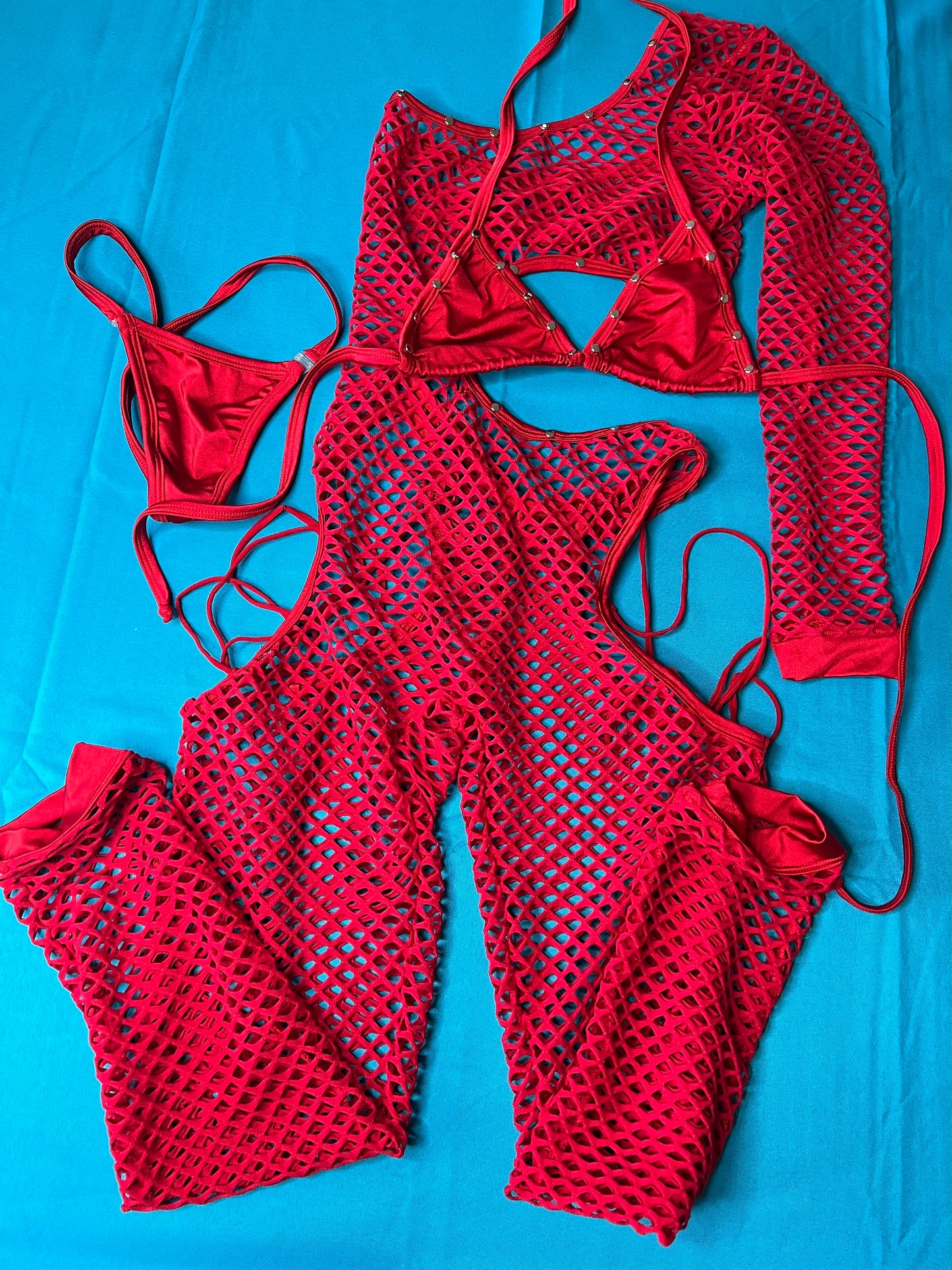 Red Fishnet Single Sleeve Bikini Top Dance Wear & Bartender