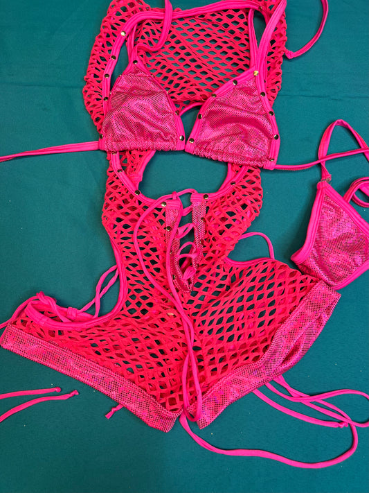 One-Piece Hot Pink Shoulder Strap Fishnet Romper Stripper Outfit