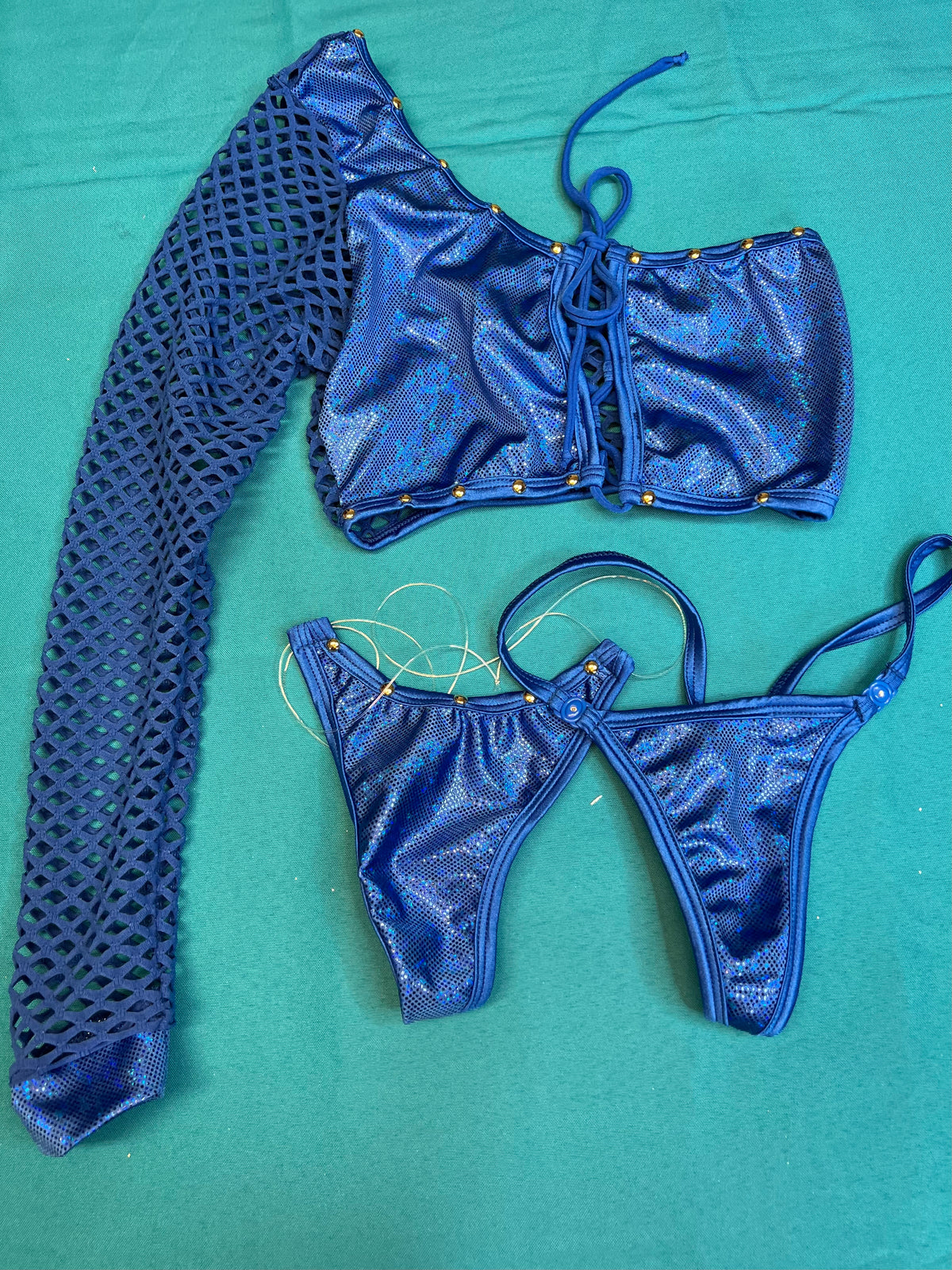 Two-Piece Lingerie Metallic Blue Stretch Fabric/Royal Blue Fishnet ...