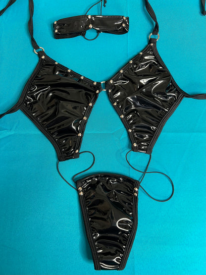 Black Latex Exotic Dance Wear One-Piece Lingerie Premium Outfit 