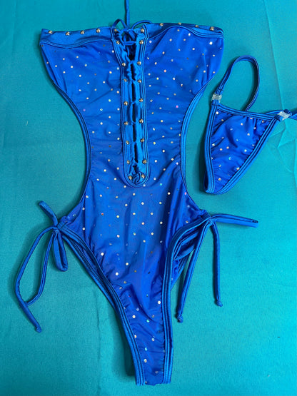 Sparkling Royal Blue Mesh-Silver Stretch Fabric One-Piece Outfit