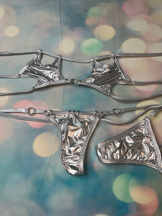 Silver Star Top & Bikini Bottom Two-Piece Exotic Dance Wear Outfit