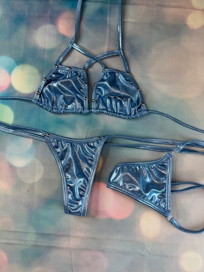 Metallic Baby Blue Two-Piece Bikini Outfit Exotic Dancer Lingerie
