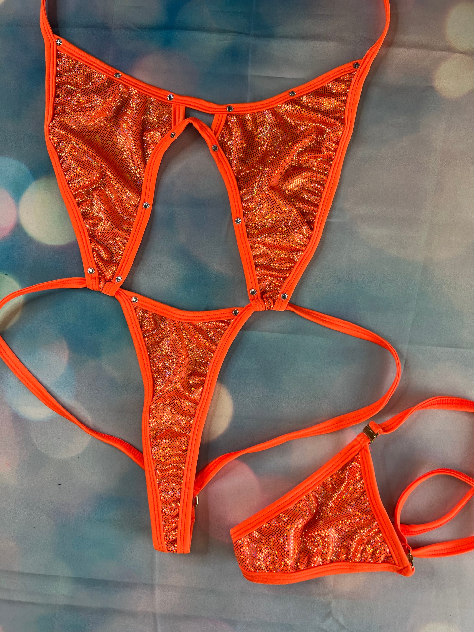 Metallic Orange Exotic Dance Wear Outfit One-Piece Lingerie 
