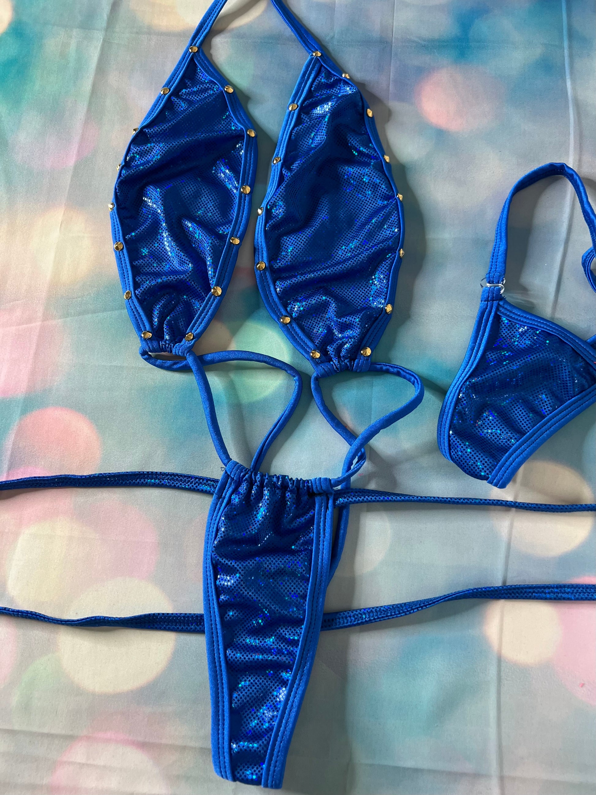Metallic Blue Exotic Dance Wear Sling-Shot Outfit Sexy Lingerie