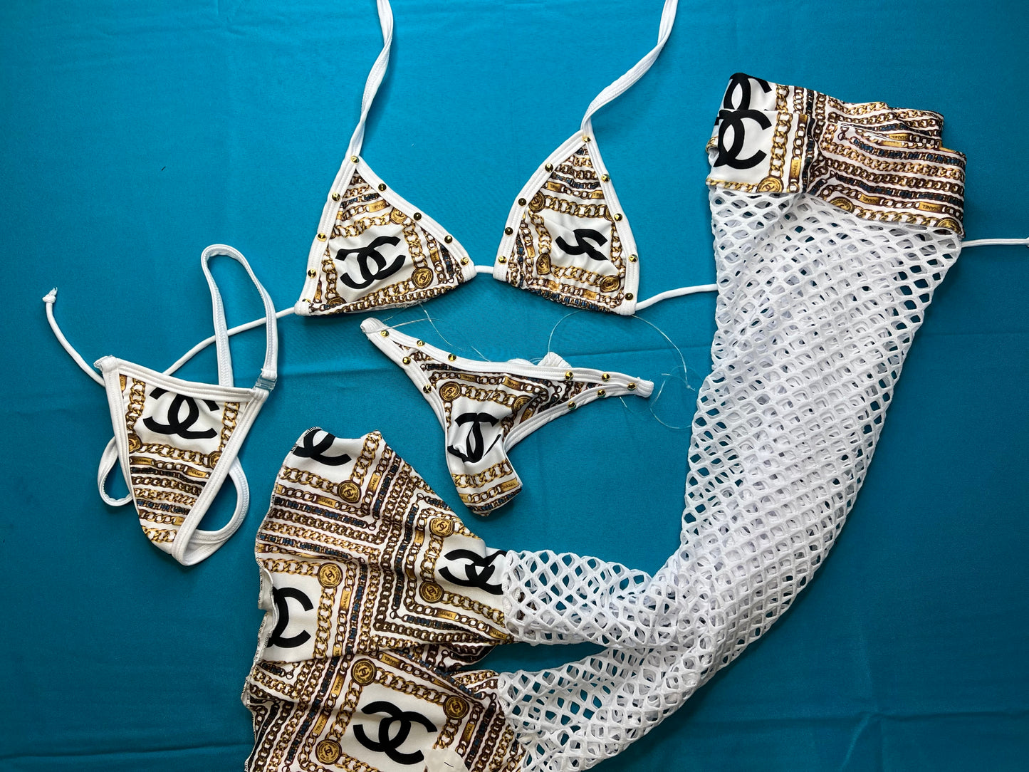 Exotic Dance Wear Set White/Gold Leg Outfit with Fishnet Details