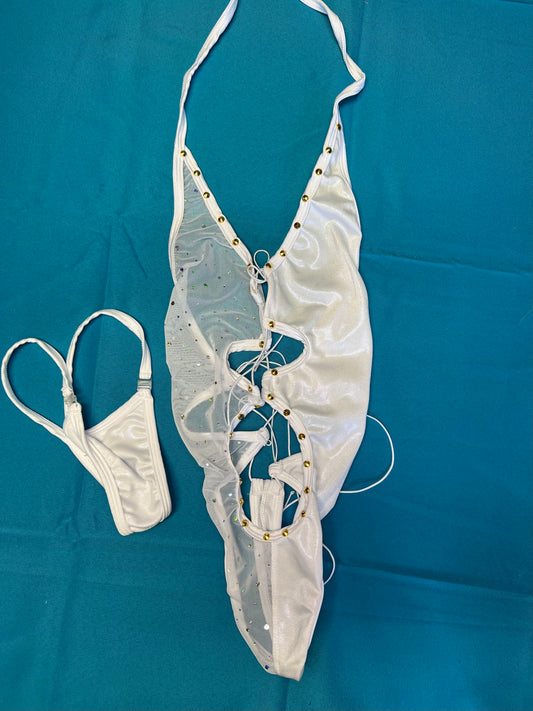 Dazzle in Metallic White White Mesh One-Piece Outfit Dance Wear