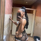 One-Piece Grey/Black Shoulder Strap with Bikini Top Stripper Outfit