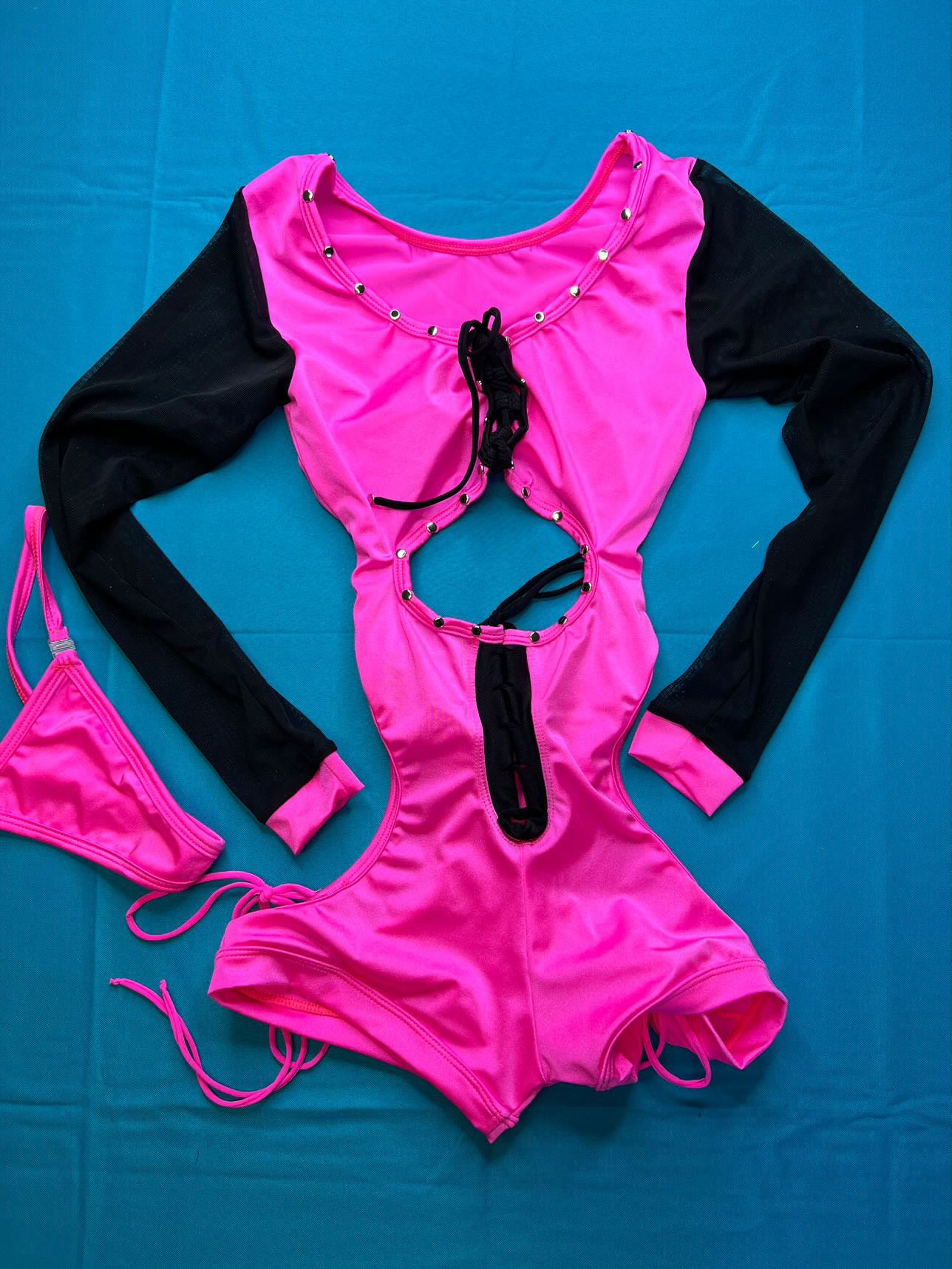One-Piece Long Sleeve Mesh Exotic Dance Wear Pink/Black
