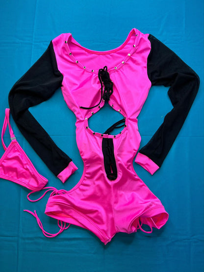 One-Piece Long Sleeve Mesh Exotic Dance Wear Pink/Black