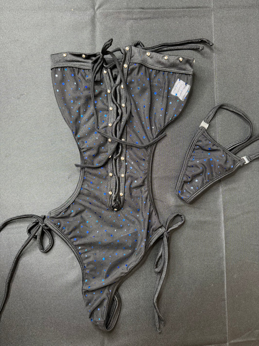 Exotic Dance Wear One-Piece Black Mesh Outfit