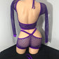 Purple Fishnet Long Sleeve Outfit 3-Piece Exotic Dance Wear Set