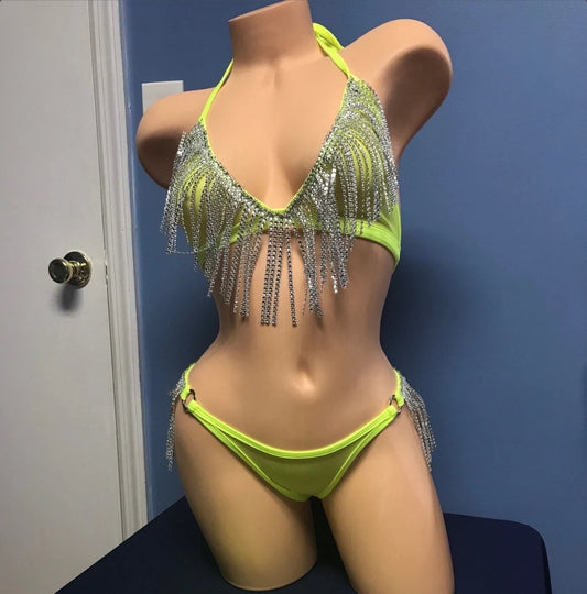 Yellow Two-Piece Outfit Metallic Fringe